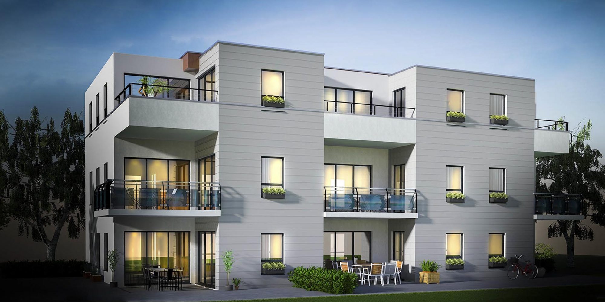 Concept 3D d'un petit immeuble résidentiel moderne avec balcon